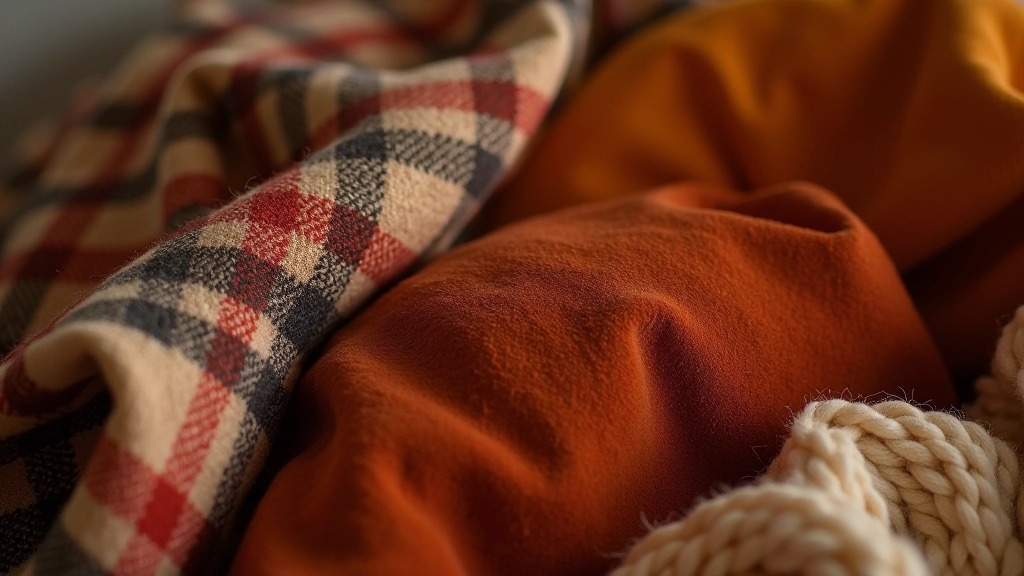 Dettaglio di tessuti autunnali: plaid in lana, cuscini in velluto color terracotta, coperta in cashmere, texture naturali e morbide