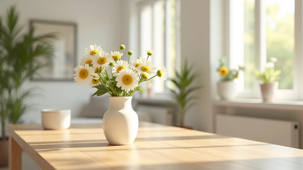 Soggiorno luminoso con fiori primaverili freschi su tavolo di legno, luce naturale dalle finestre