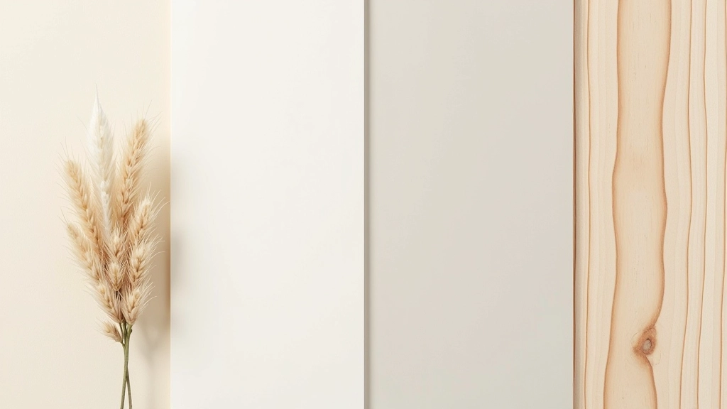 Tavolozza di colori neutri e naturali: bianco sporco, grigio, beige, tonalitÃ  di legno, accostati su sfondo minimalista