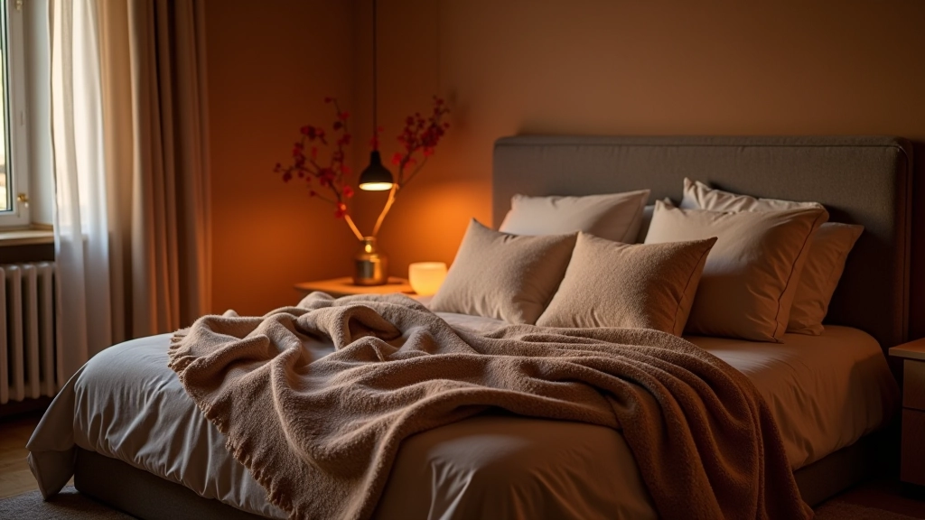 Camera da letto accogliente con tessuti caldi, plaid in lana, cuscini morbidi, illuminazione soffusa