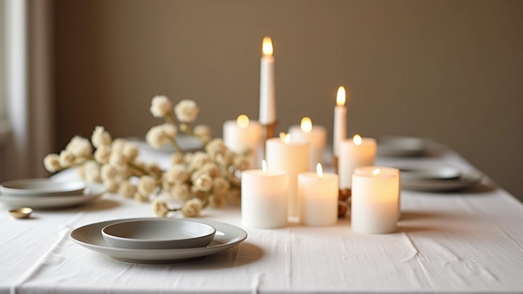 Tavolo da pranzo decorato con centrotavola minimalista: candele bianche, rami dorati, tovaglia in lino naturale, piatti in ceramica grigia