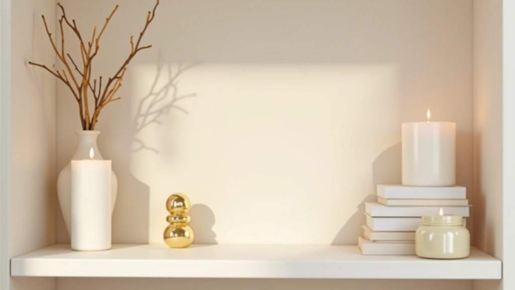 Composizione decorativa su mensola in legno chiaro: candele di diverse altezze, rami dorati, libri con copertina in toni neutri, spazio vuoto intenzionale