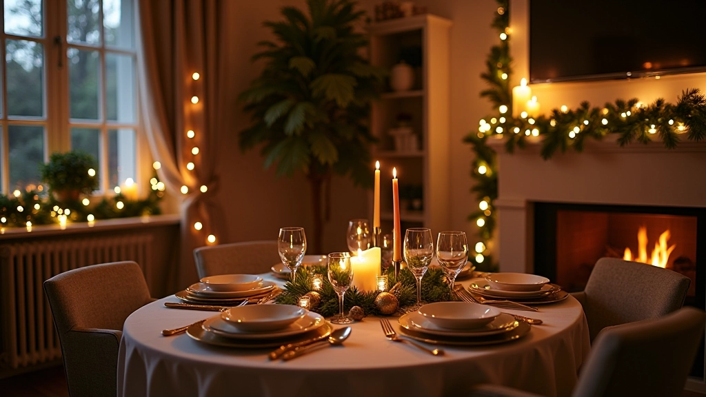 Salotto decorato per le festività con ghirlande, candele profumate, luci calde, tavolo apparecchiato elegante