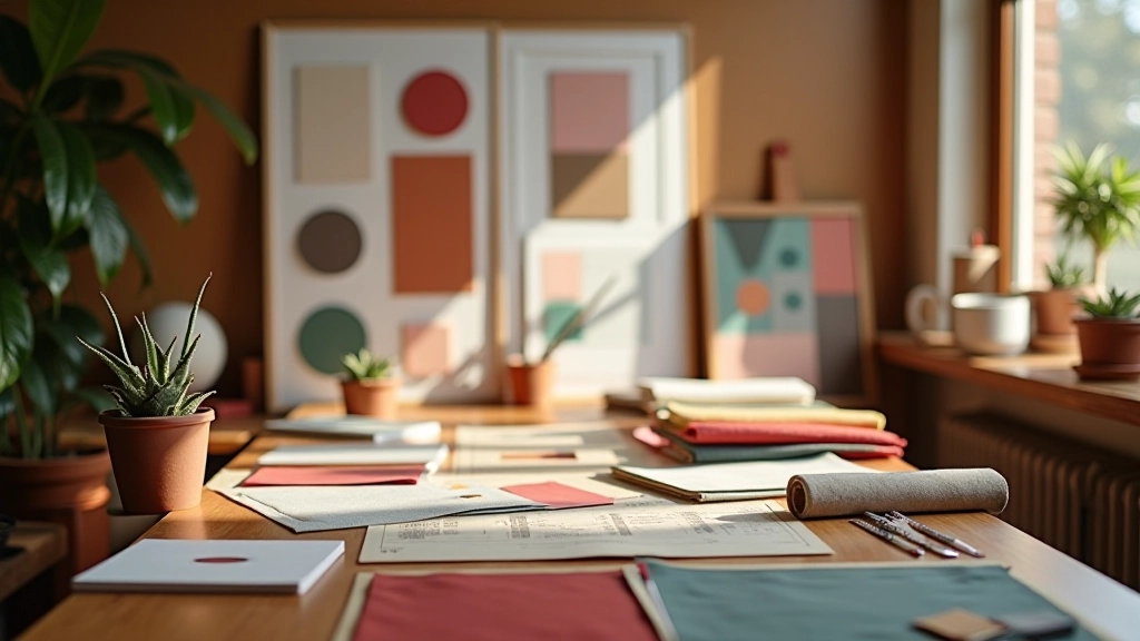 Studio di design con campioni di colore, tessuti stagionali, e mood board per progetto di rinnovo abitativo italiano