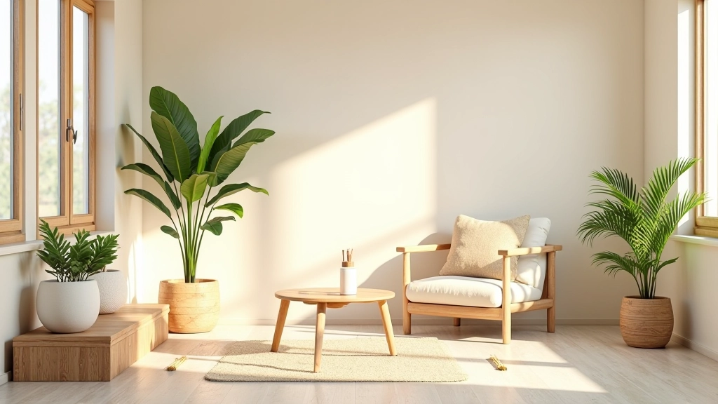 Ambiente interno con colori naturali, legno, piante, materiali sostenibili, armonia visiva equilibrata
