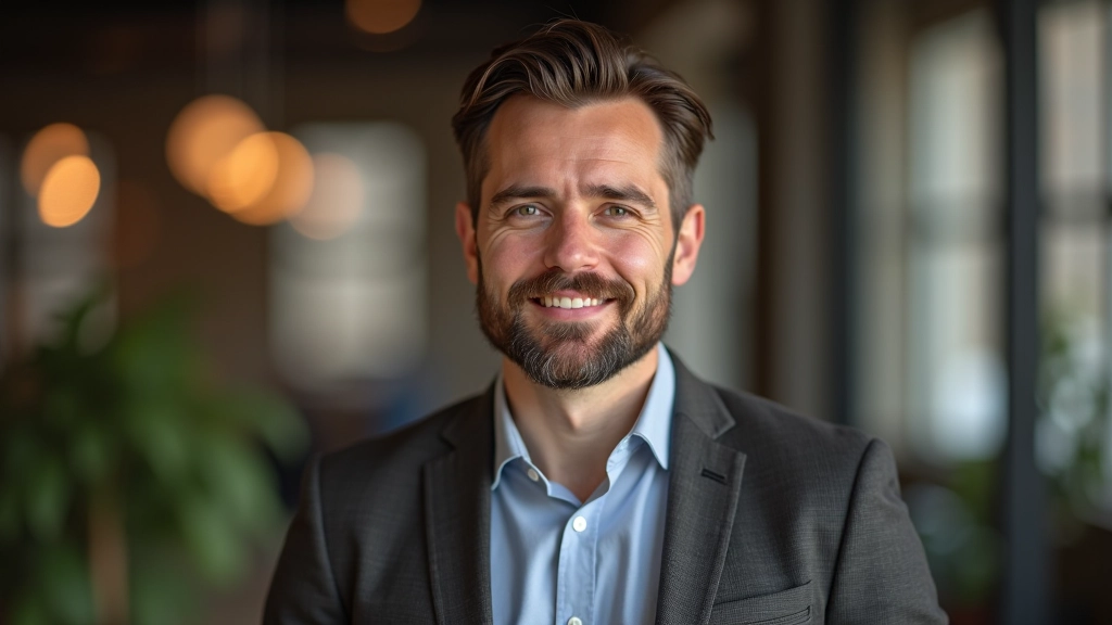 Marco Villani, coordinatore progetti rinnovo, portrait da spalla, ufficio contemporaneo, illuminazione soft