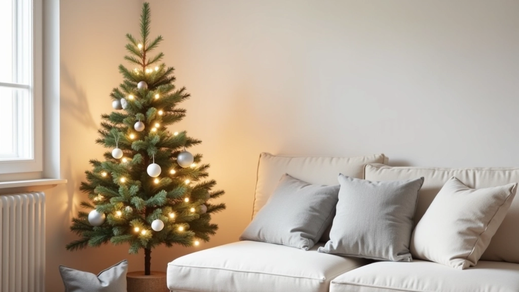Angolo soggiorno con albero di Natale minimalista, luci bianche calde, poche palle decorate in grigio e oro, divano con cuscini in tessuto naturale