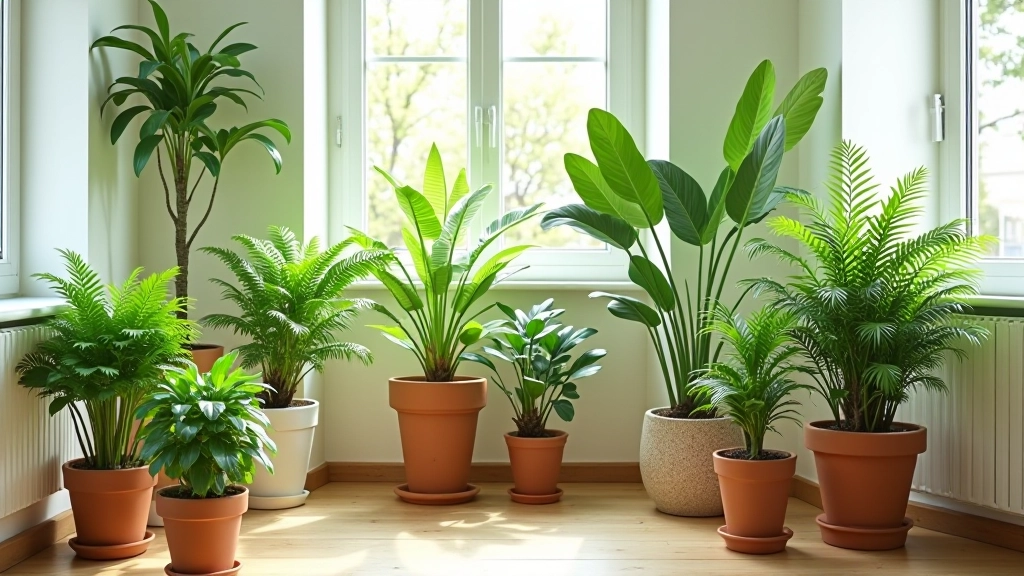 Piante verdi primaverili in vasi naturali disposte su mensole e pavimento in spazio luminoso, fogliame lussureggiante e colori terrosi