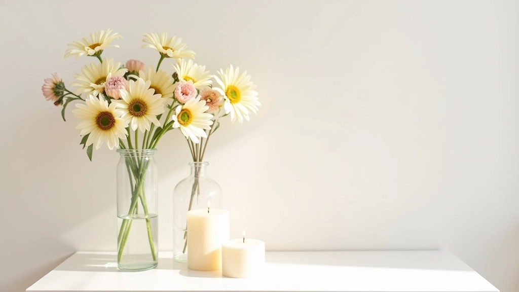 Accenni decorativi primaverili: fiori freschi in vasi di vetro, candele profumate, oggetti in legno naturale su consolle bianca minimalista